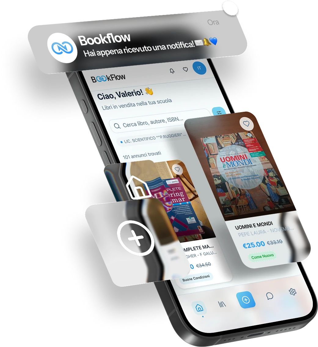 L'app Bookflow su un telefono: i libri in vendita nella tua scuola, con foto, prezzo e condizione, e una notifica in arrivo.